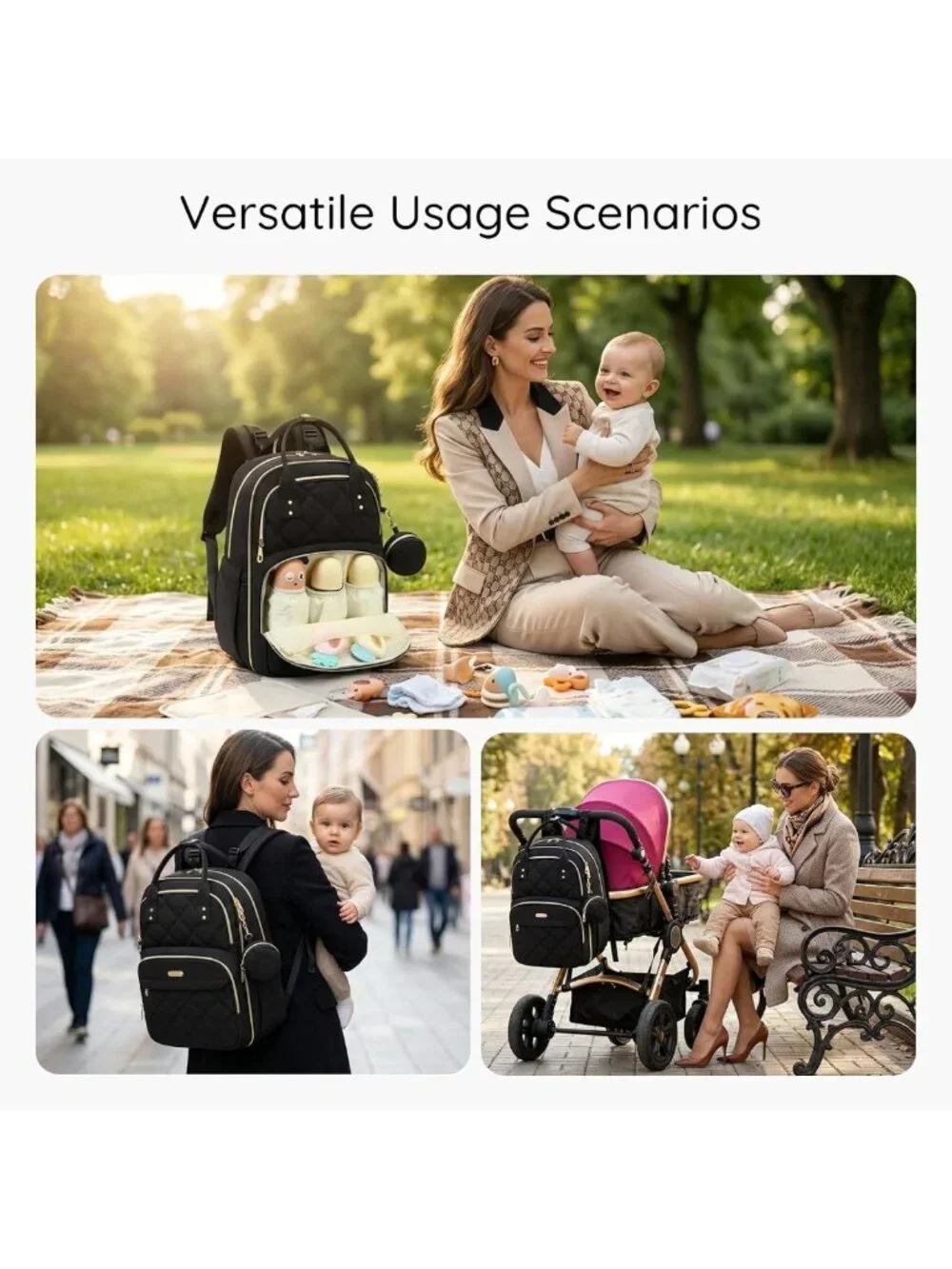Stylish Large Diaper Bag Backpack with Changing Pad, Insulated Wet/Dry Pocket